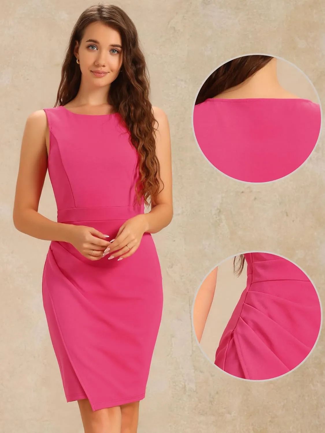 Allegra K Business Casual Dress for Women's Boat Neck Sleeveless Ruched Office Summer Pencil Dresses