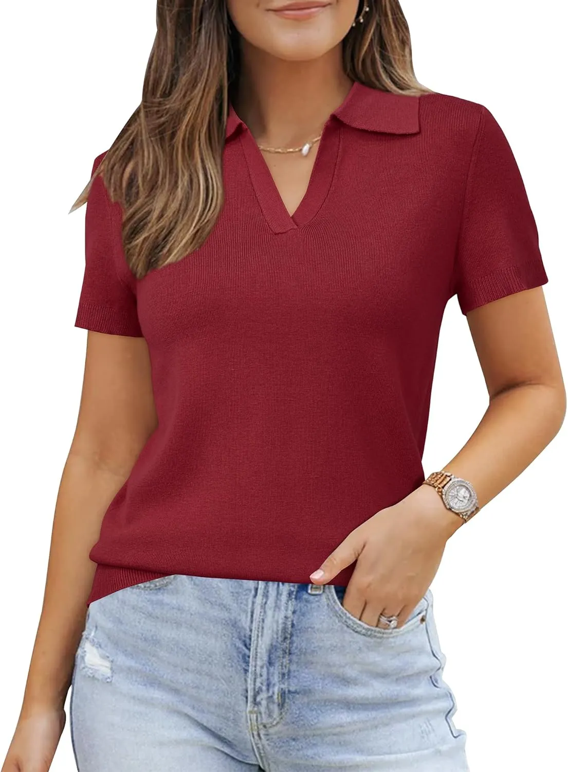 Arach&Cloz Women's Wool Blend Summer Tops Business Casual Polo Shirts