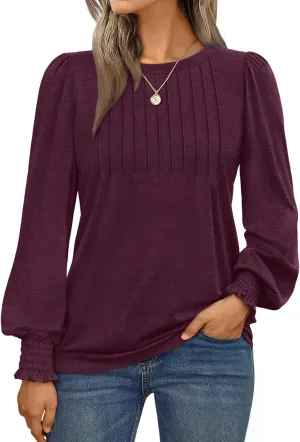 AUTOMET Long Sleeve Shirts Womens Pleated Business Casual Blouses with Smocked Cuffs