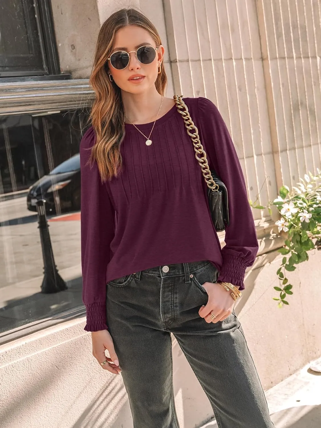 AUTOMET Long Sleeve Shirts Womens Pleated Business Casual Blouses with Smocked Cuffs