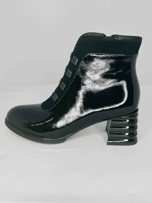 Black Leatherette & Suede Heeled Boot