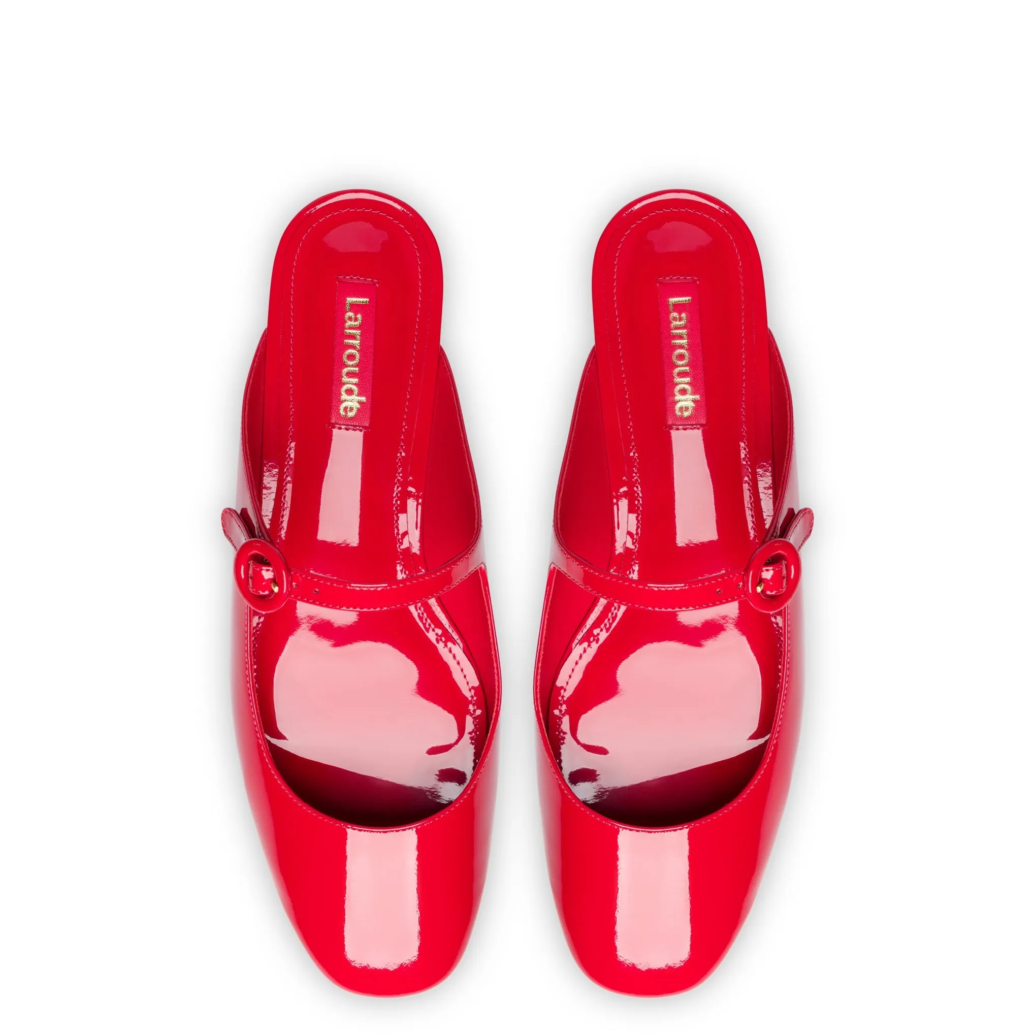 Blair Flat Mule In Scarlet Patent Leather by Larroudé