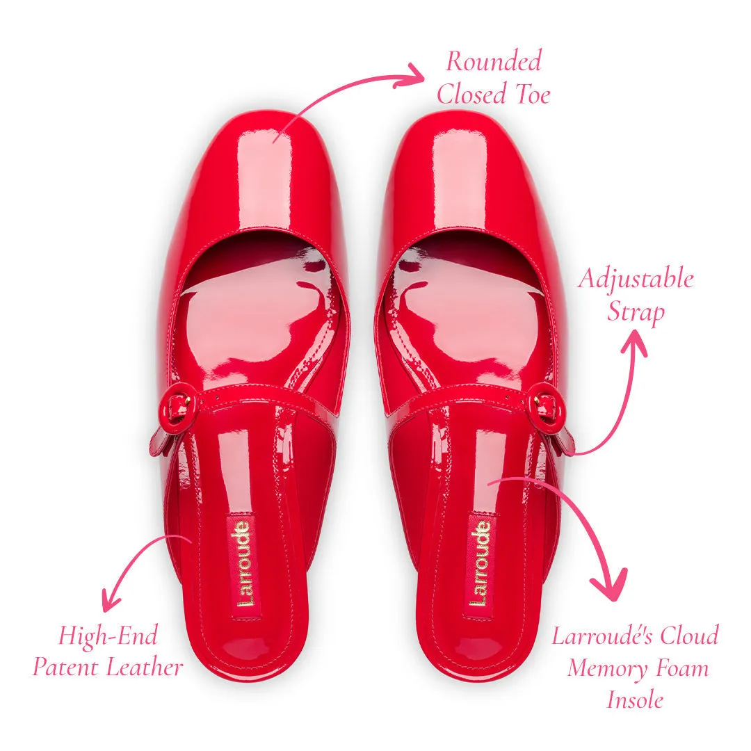 Blair Flat Mule In Scarlet Patent Leather by Larroudé