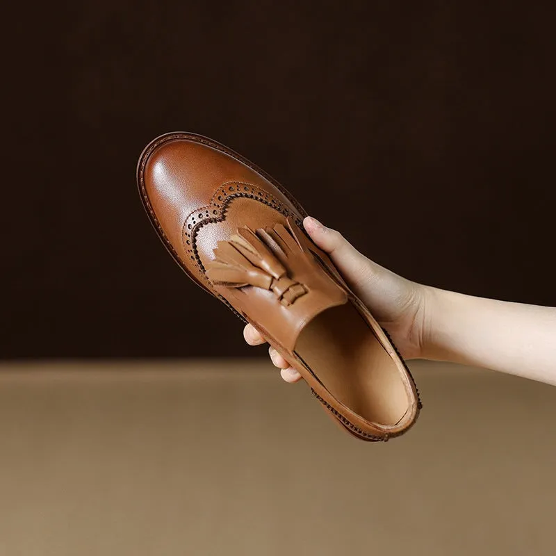 Brogue Loafers with Tassels Womens Handmade Wingtip Shoes in Black/Brown