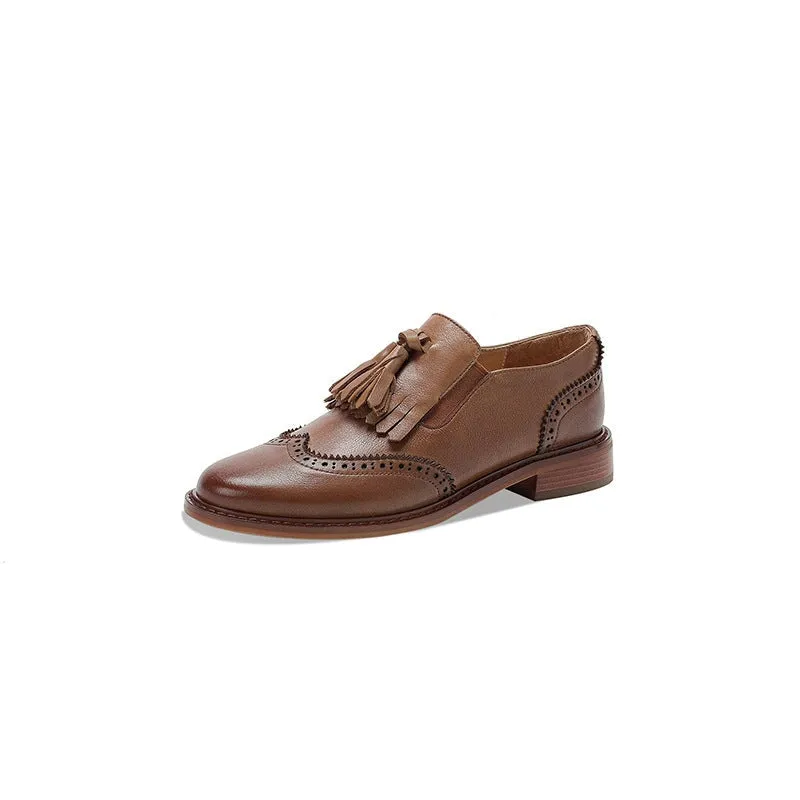 Brogue Loafers with Tassels Womens Handmade Wingtip Shoes in Black/Brown