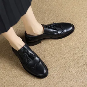 Brogue Loafers with Tassels Womens Handmade Wingtip Shoes in Black/Brown