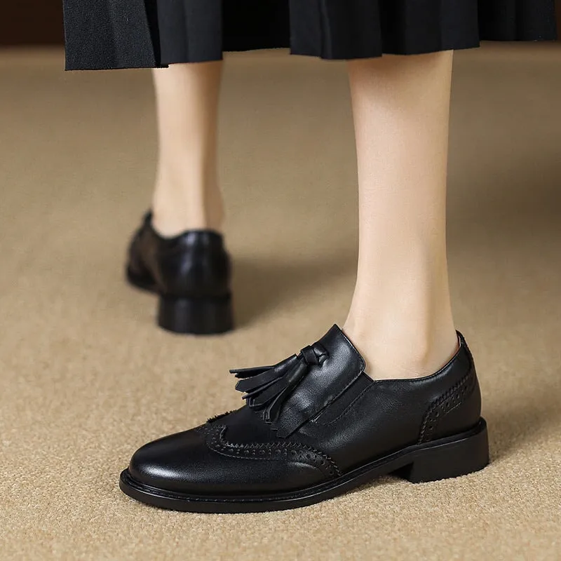 Brogue Loafers with Tassels Womens Handmade Wingtip Shoes in Black/Brown
