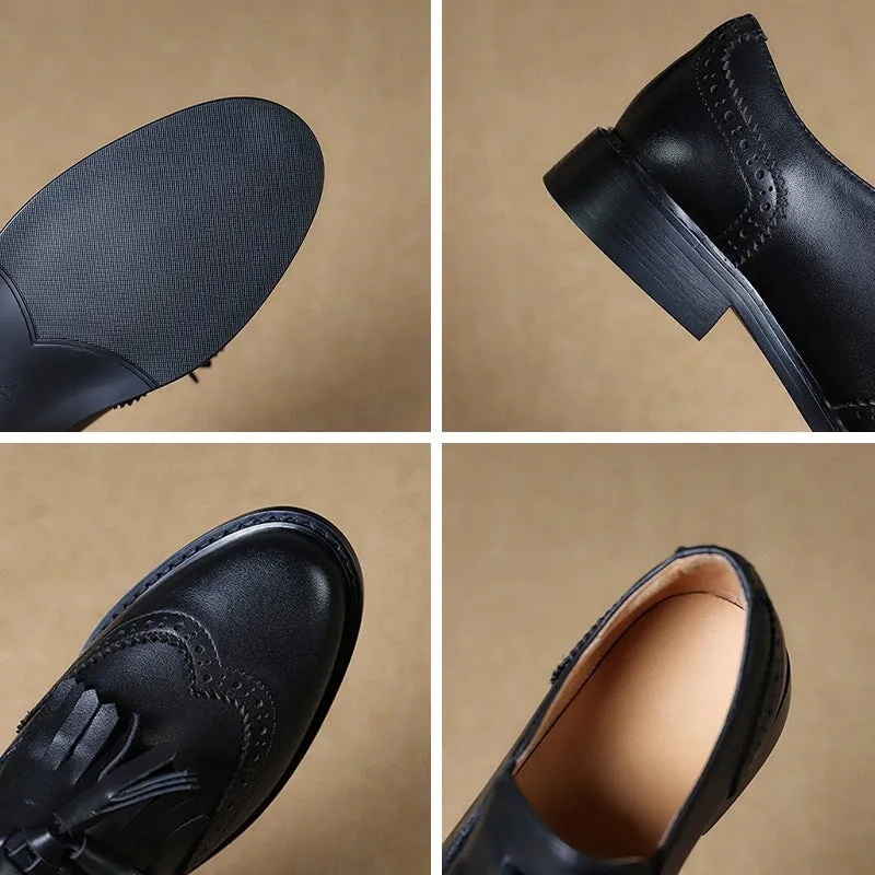 Brogue Loafers with Tassels Womens Handmade Wingtip Shoes in Black/Brown