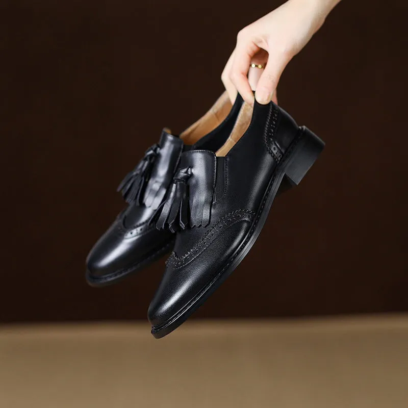 Brogue Loafers with Tassels Womens Handmade Wingtip Shoes in Black/Brown