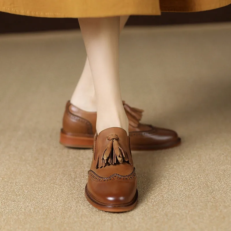 Brogue Loafers with Tassels Womens Handmade Wingtip Shoes in Black/Brown