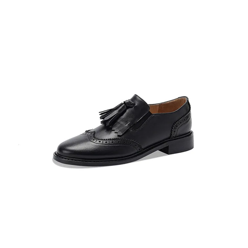 Brogue Loafers with Tassels Womens Handmade Wingtip Shoes in Black/Brown
