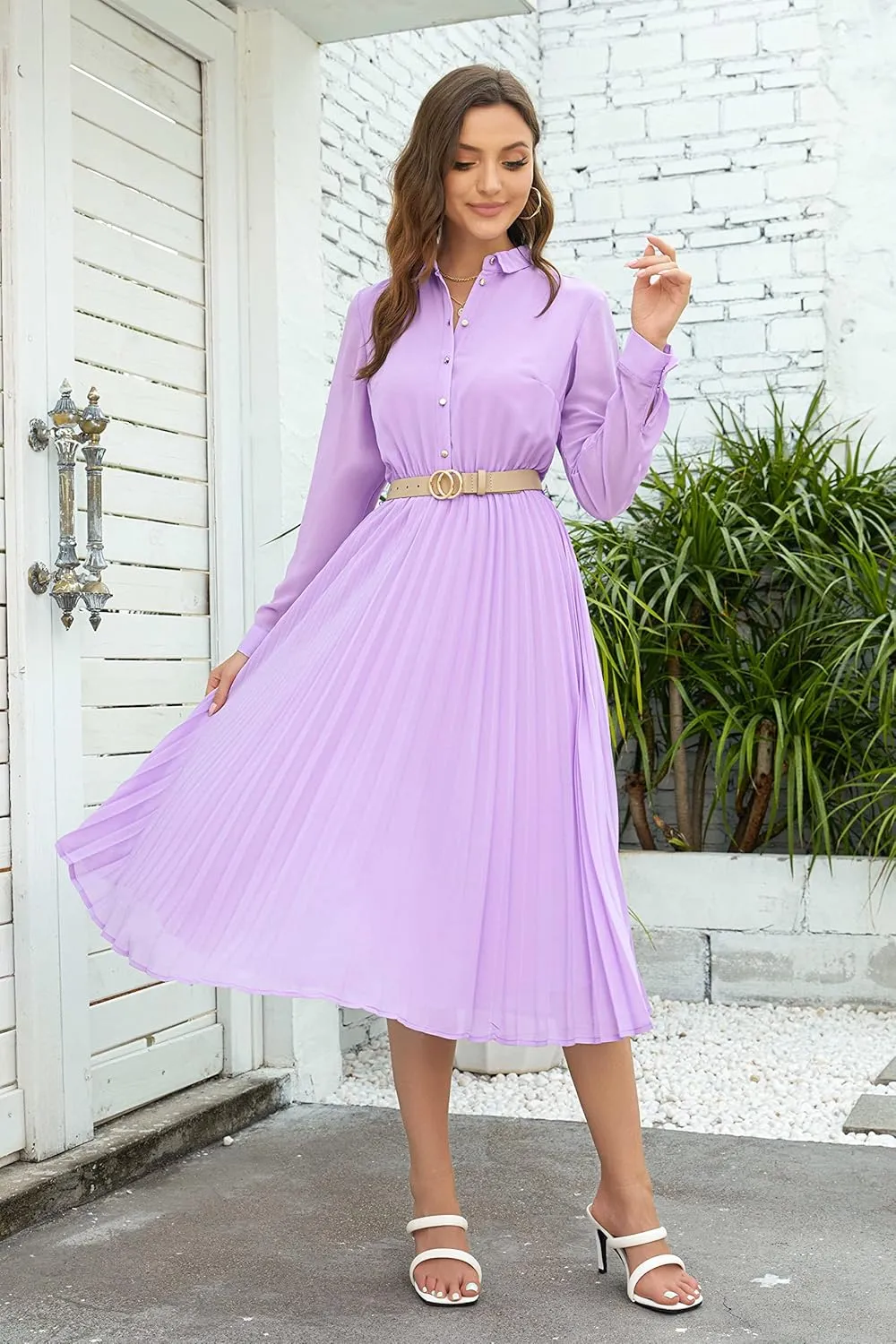 Business Casual Shirt Dress for Women Long Sleeves Pleated Midi Dresses with Belt