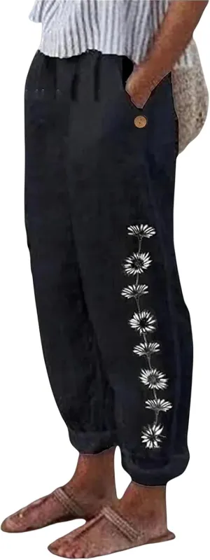 Cropped Linen Pants Women High Waisted Straight Leg Capri Summer Boho Floral Cotton Casual Pants Baggy Beach Trousers