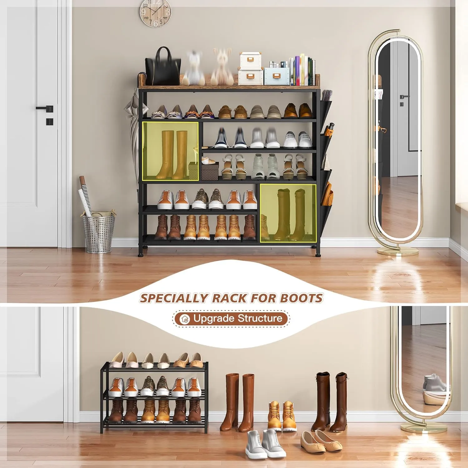 EnHomee Metal Shoe Rack for Entryway with Boots Storage for 22 Pairs Wood Shoes Rack Wooden Top and Side Pocket for Entry, Entrance, Hallway, Black