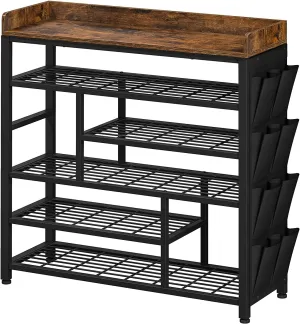EnHomee Metal Shoe Rack for Entryway with Boots Storage for 22 Pairs Wood Shoes Rack Wooden Top and Side Pocket for Entry, Entrance, Hallway, Black