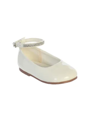 Girls Ivory Patent Rhinestone Encrusted Ankle Strap Flats 3 Kids