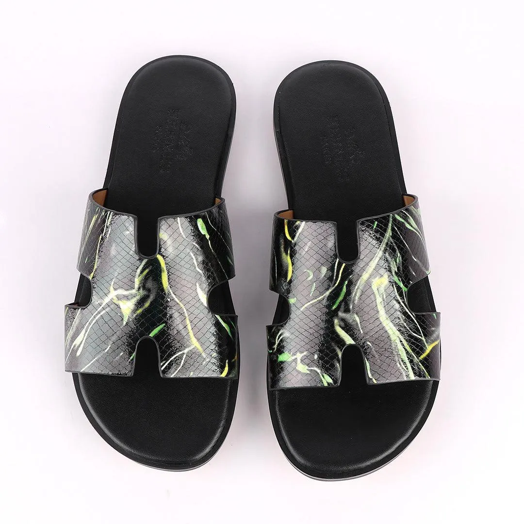 Hermes Paris Black With Green and Yellow Shining Leather Slippers