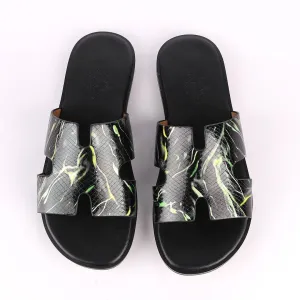 Hermes Paris Black With Green and Yellow Shining Leather Slippers
