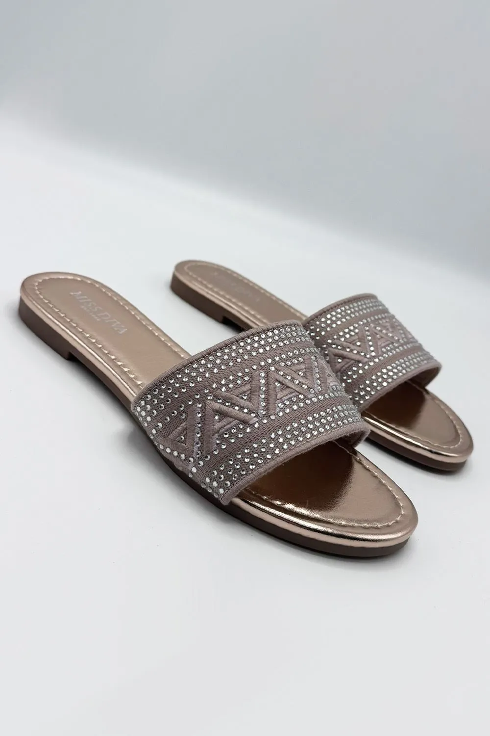 Kree Diamante Patterned Sliders in Rose Gold