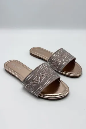Kree Diamante Patterned Sliders in Rose Gold