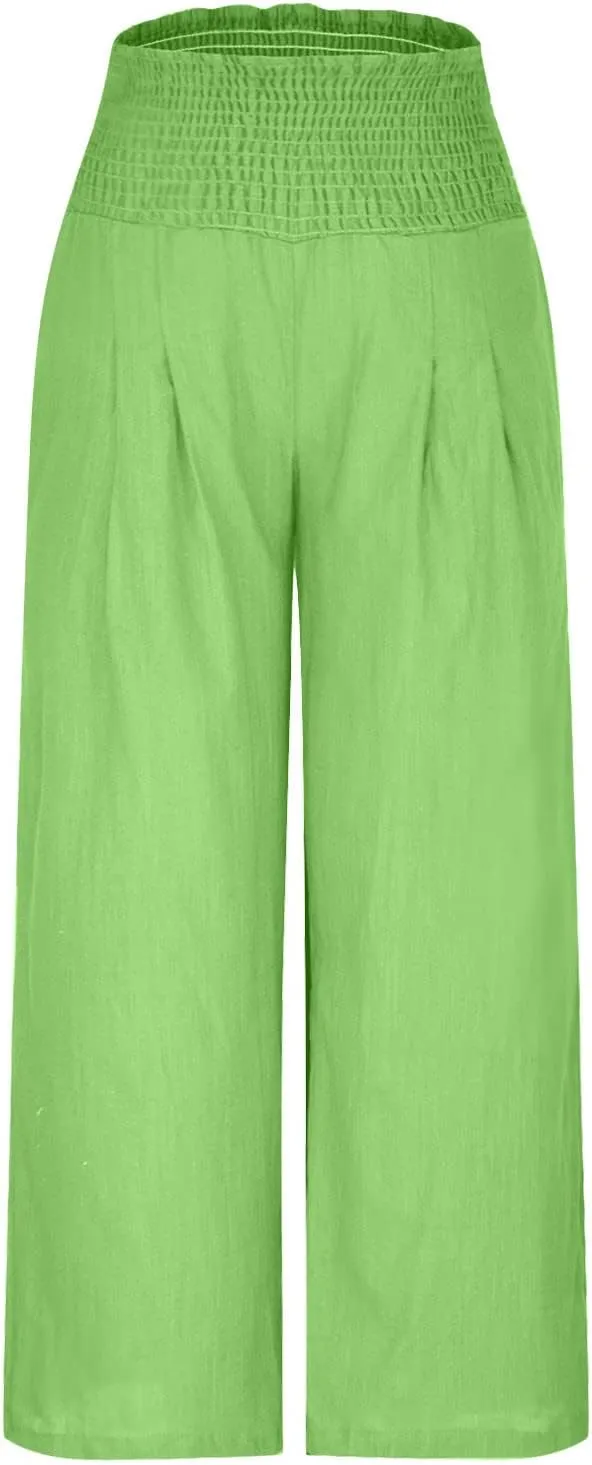 Lastesso Linen Pants Women High Waist Tummy Control Soft Palazzo Slacks Lightweight Basic Solid Summer Beach Boho Clothes