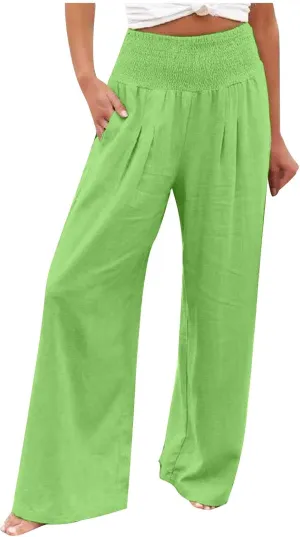 Lastesso Linen Pants Women High Waist Tummy Control Soft Palazzo Slacks Lightweight Basic Solid Summer Beach Boho Clothes