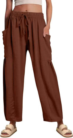 Linen Pants for Women Casual Summer Drawstring High Waisted Wide Leg Pants Loose Fit Multi-Pocket Solid Trousers Baggy