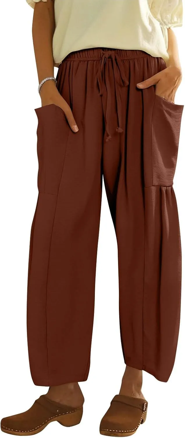 Linen Pants for Women Casual Summer Drawstring High Waisted Wide Leg Pants Loose Fit Multi-Pocket Solid Trousers Baggy