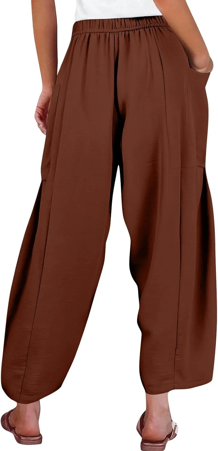 Linen Pants for Women Casual Summer Drawstring High Waisted Wide Leg Pants Loose Fit Multi-Pocket Solid Trousers Baggy