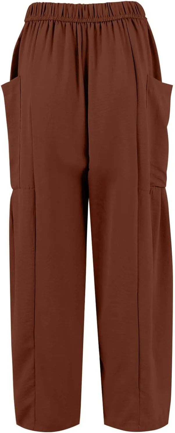 Linen Pants for Women Casual Summer Drawstring High Waisted Wide Leg Pants Loose Fit Multi-Pocket Solid Trousers Baggy