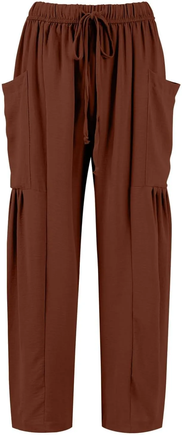 Linen Pants for Women Casual Summer Drawstring High Waisted Wide Leg Pants Loose Fit Multi-Pocket Solid Trousers Baggy