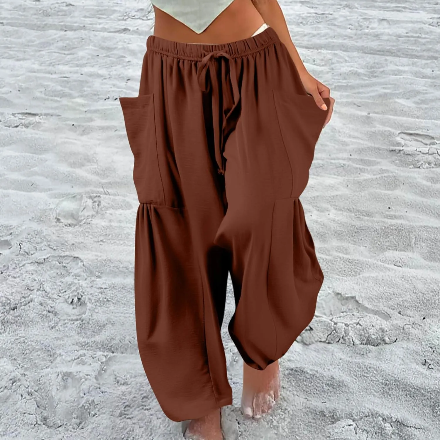 Linen Pants for Women Casual Summer Drawstring High Waisted Wide Leg Pants Loose Fit Multi-Pocket Solid Trousers Baggy