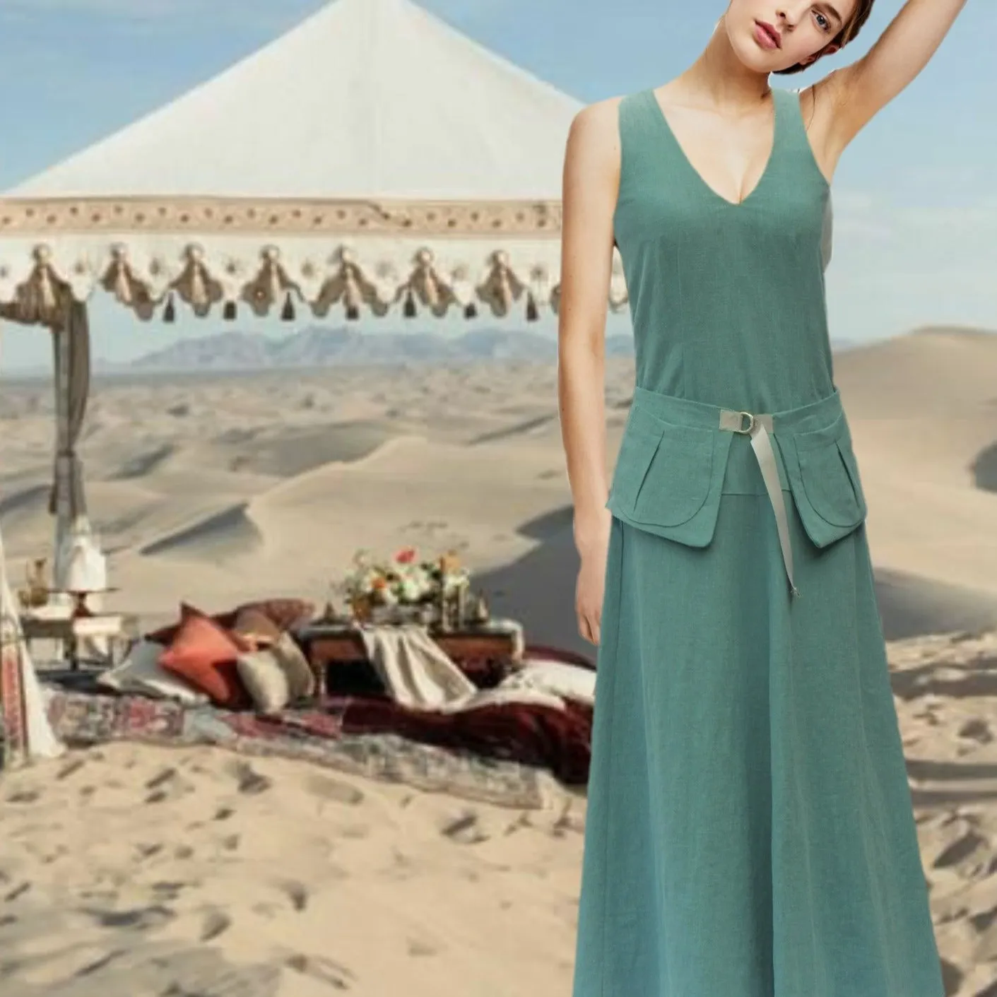 Linnen maxi jurk met losse heupband, Linen maxi dress with separate belt