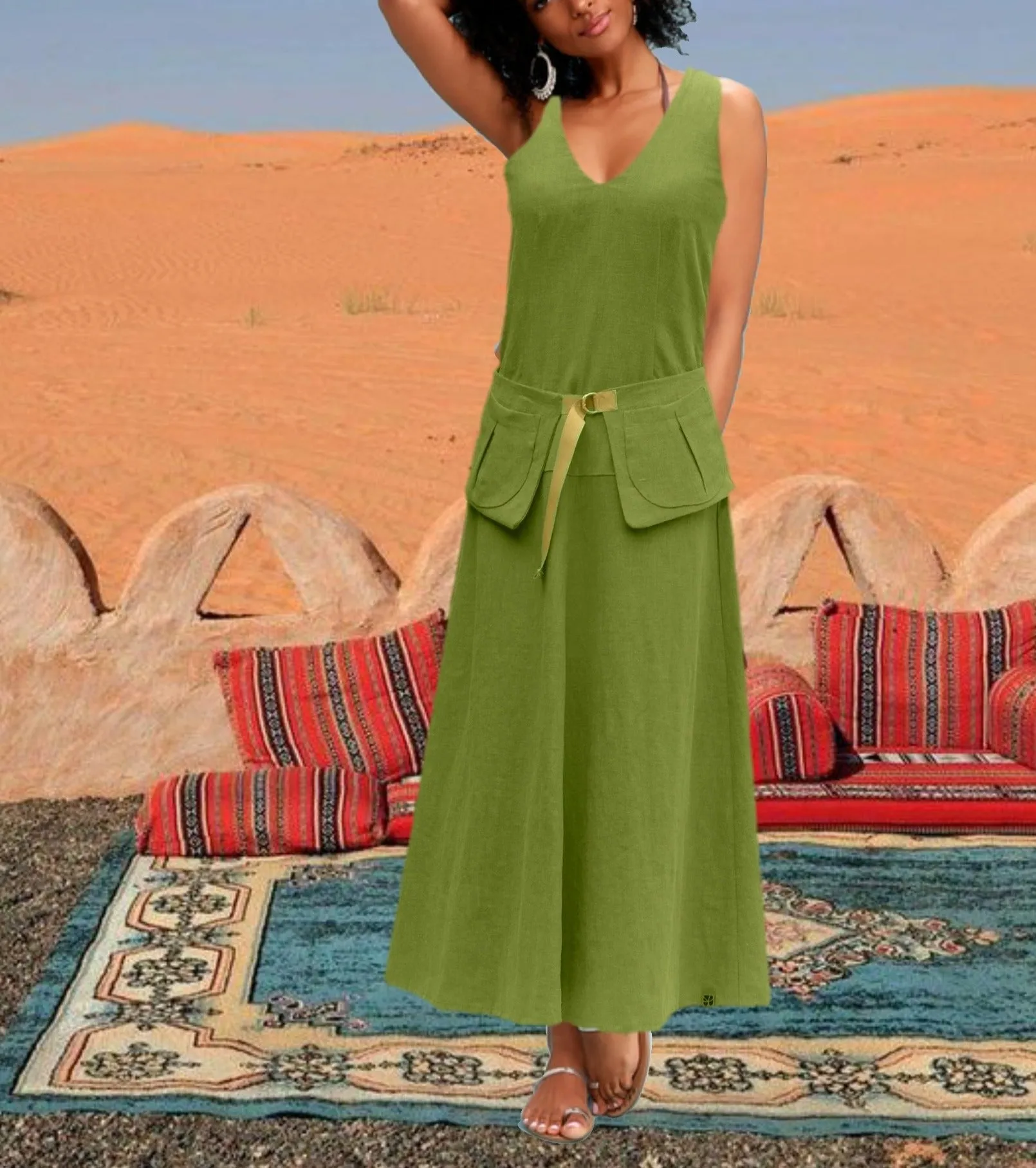 Linnen maxi jurk met losse heupband, Linen maxi dress with separate belt