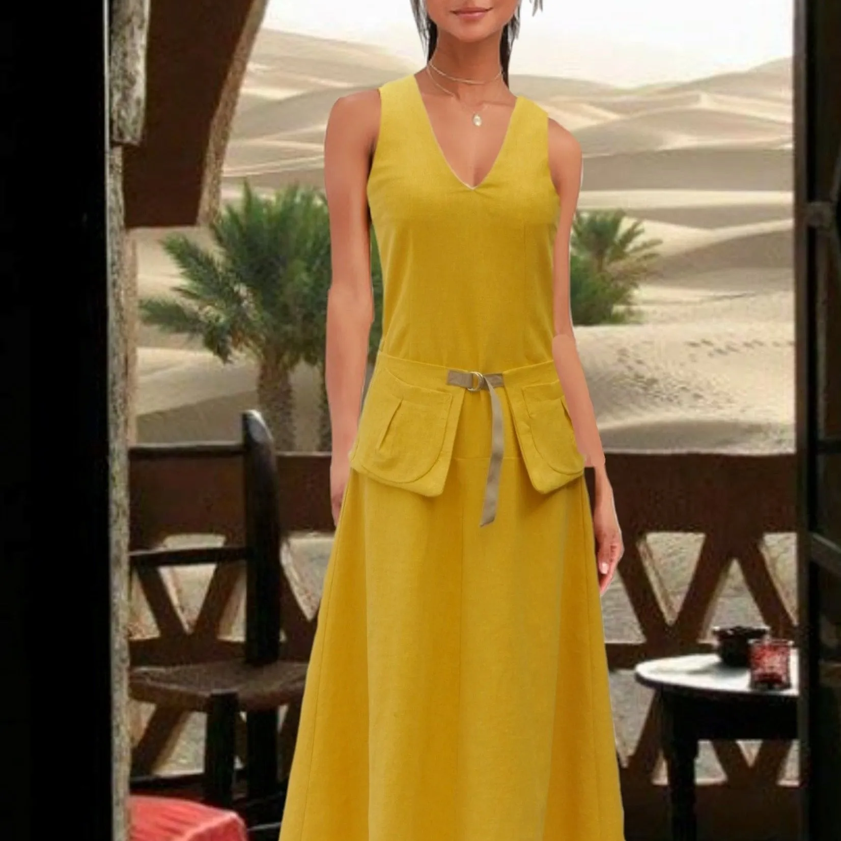 Linnen maxi jurk met losse heupband, Linen maxi dress with separate belt