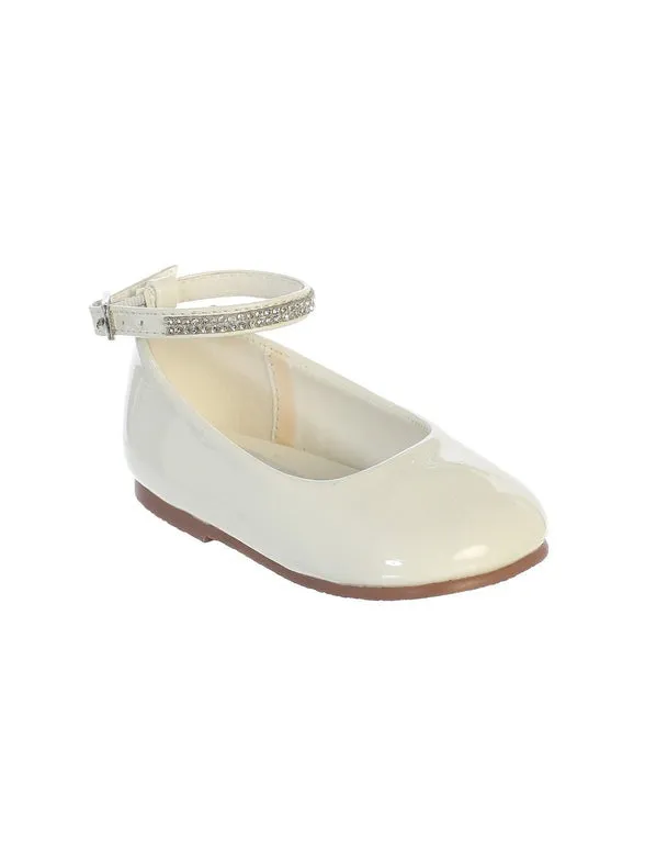Little Girls White Patent Rhinestone Encrusted Ankle Strap Flats 5-8 Toddler