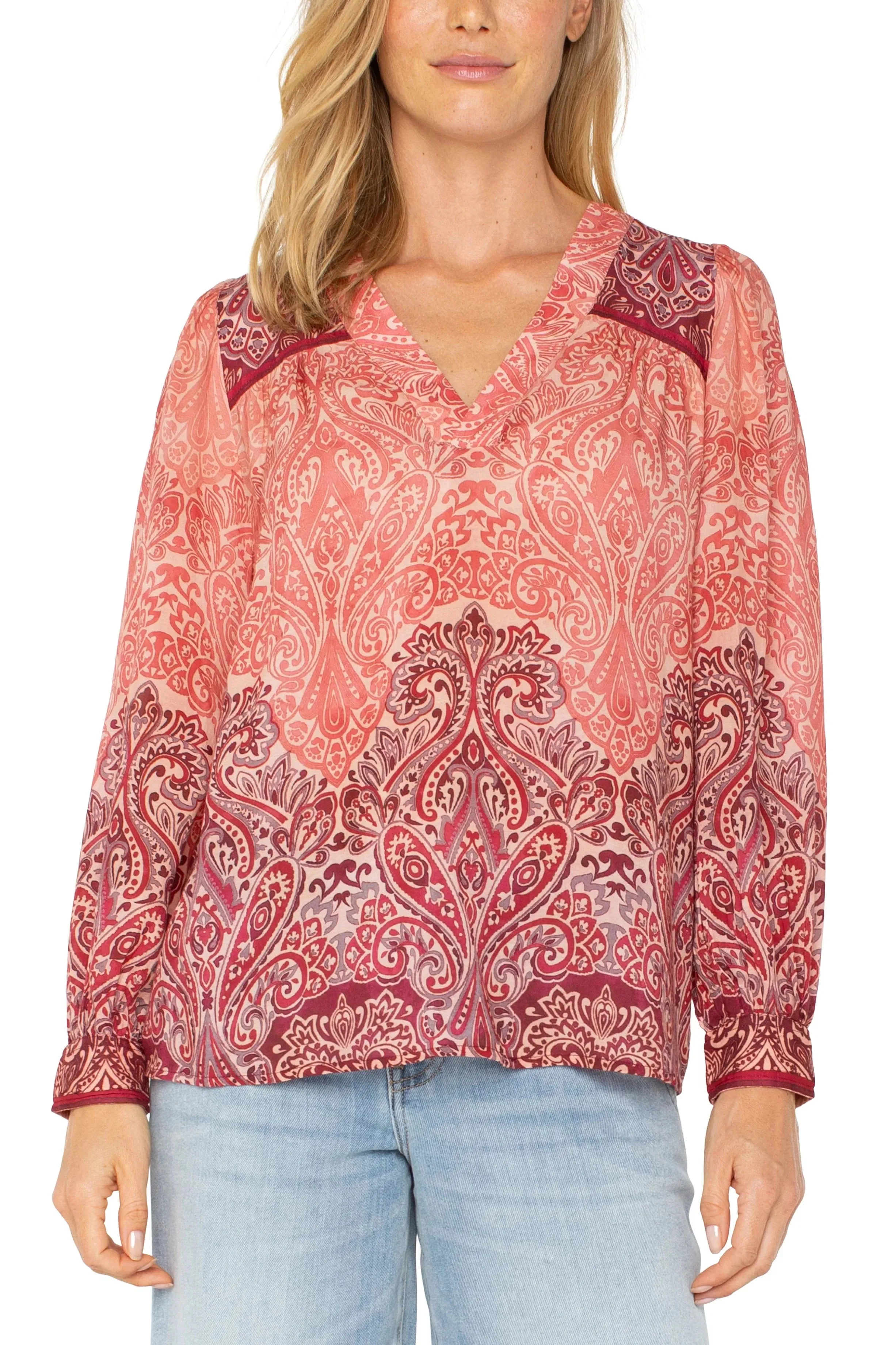 Liverpool Long Sleeve V-Neck Popover Blouse