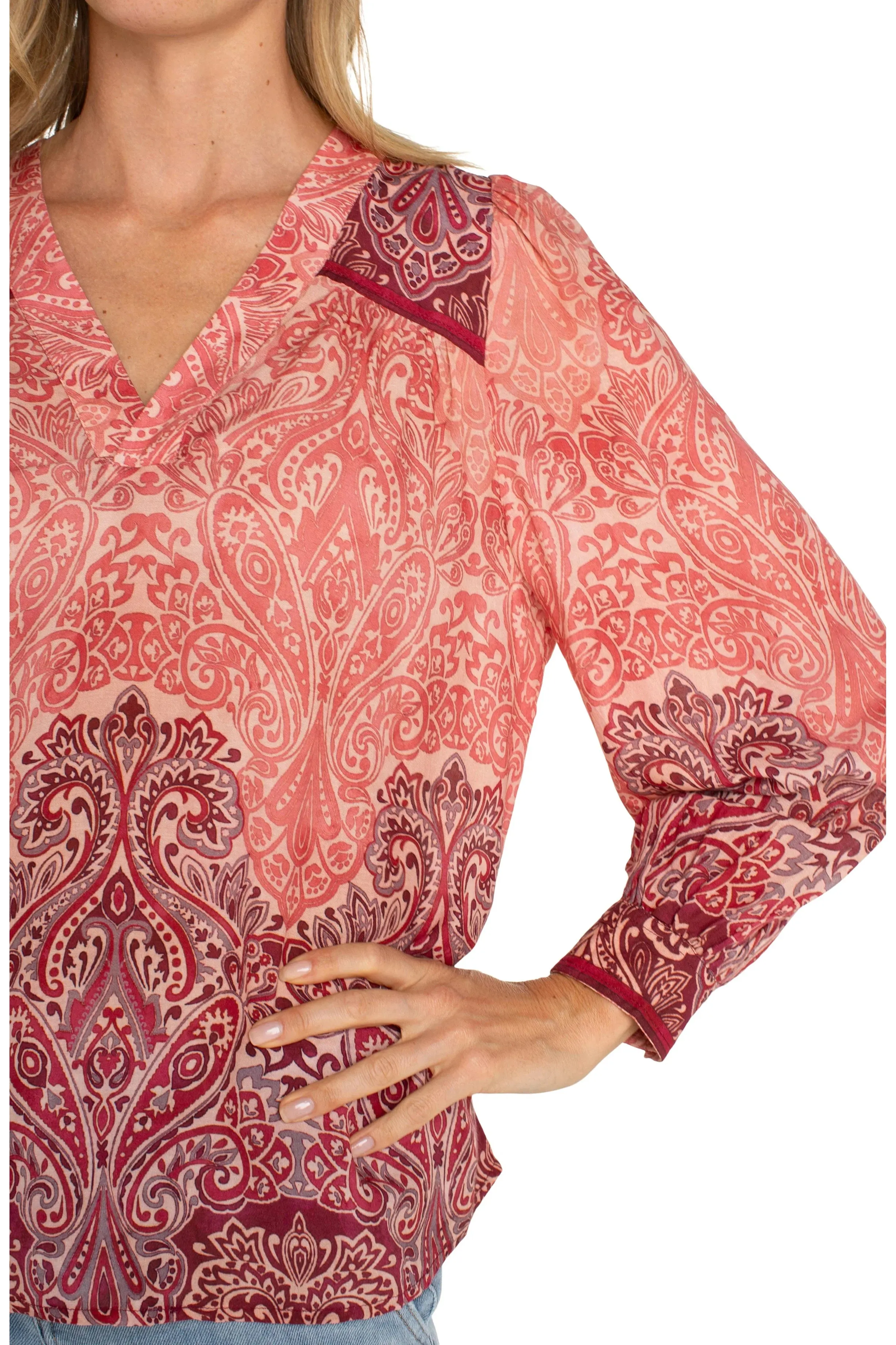 Liverpool Long Sleeve V-Neck Popover Blouse