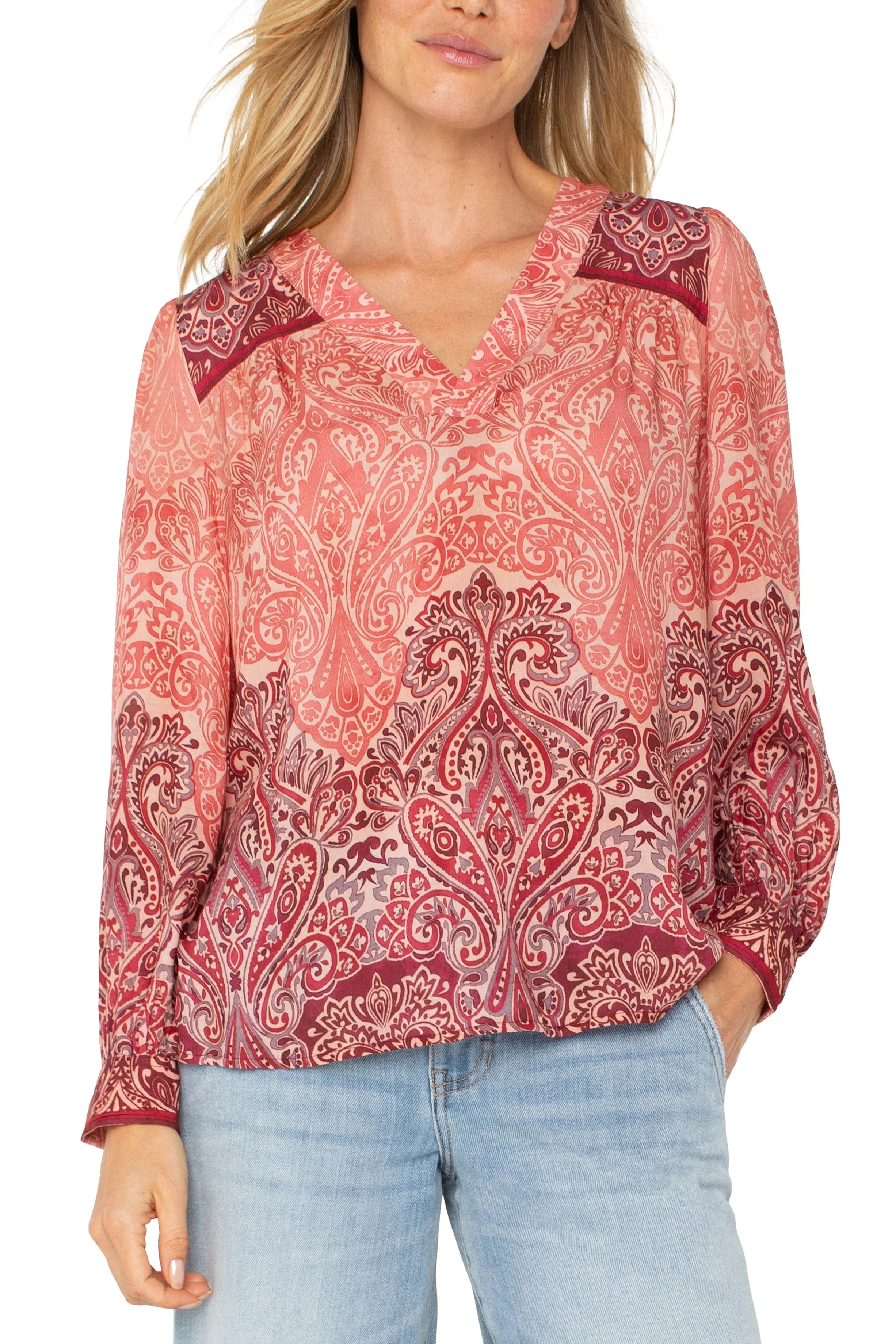 Liverpool Long Sleeve V-Neck Popover Blouse