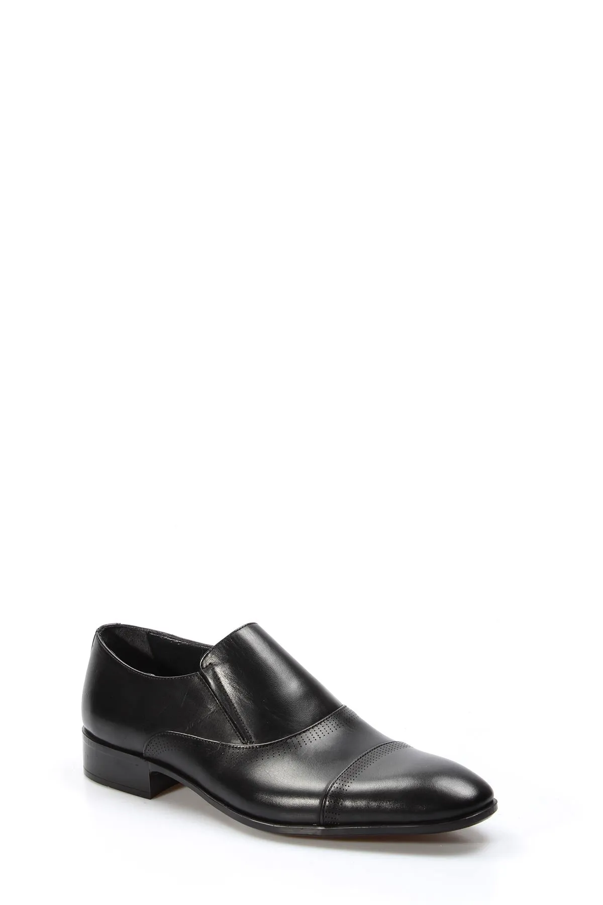 Men's Black Leather Slip-On Dress Shoes with Cap Toe - Wessi