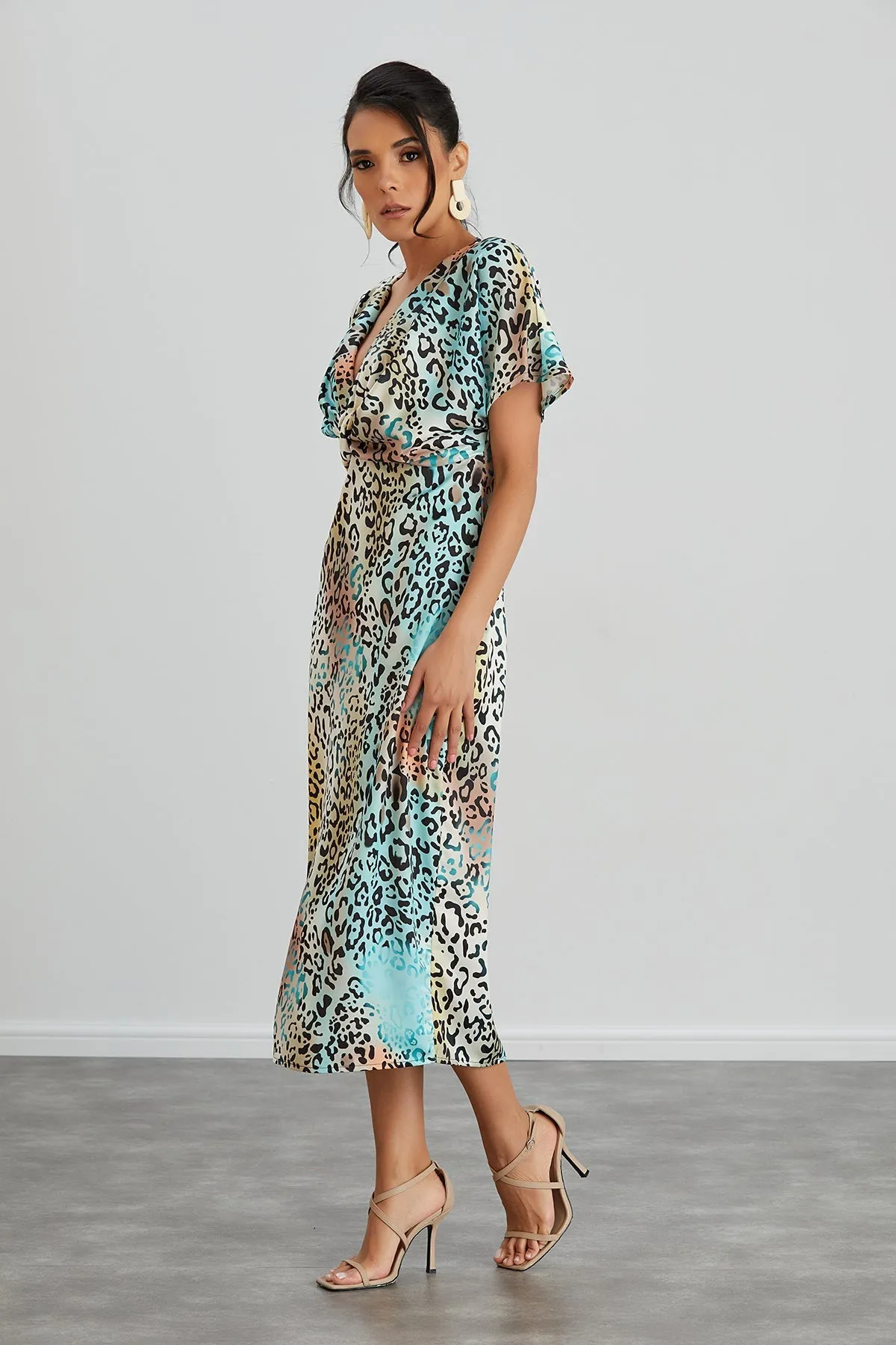 Mint Leopard Midi Dress with Twist Detail