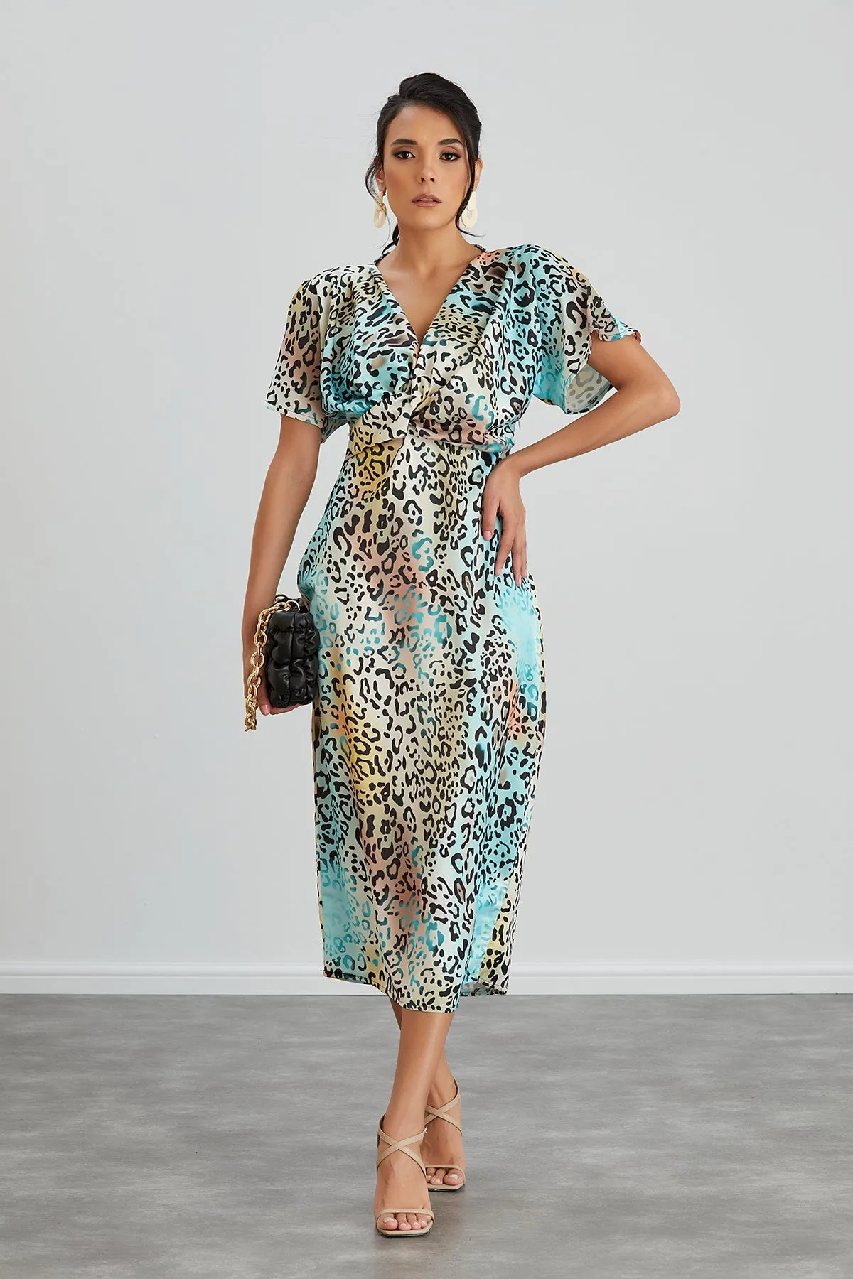 Mint Leopard Midi Dress with Twist Detail