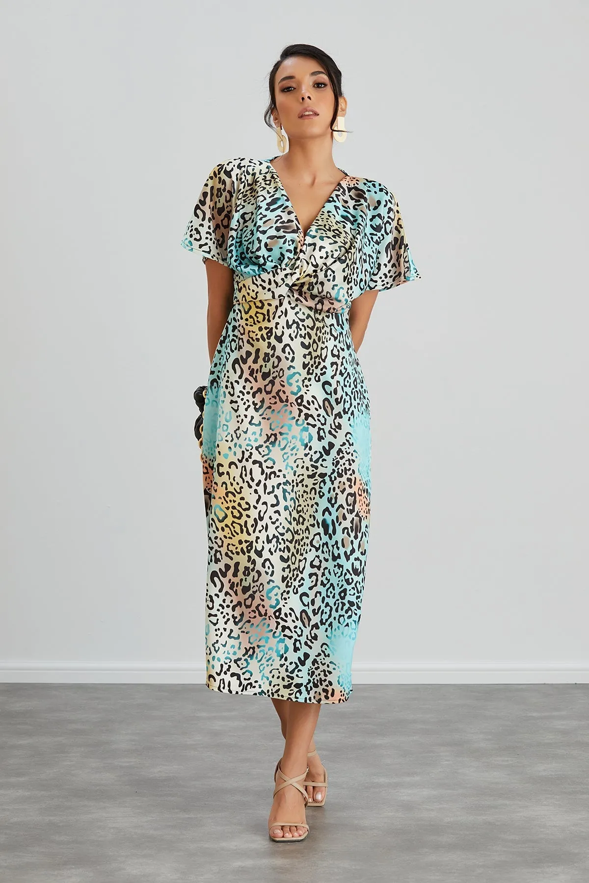 Mint Leopard Midi Dress with Twist Detail