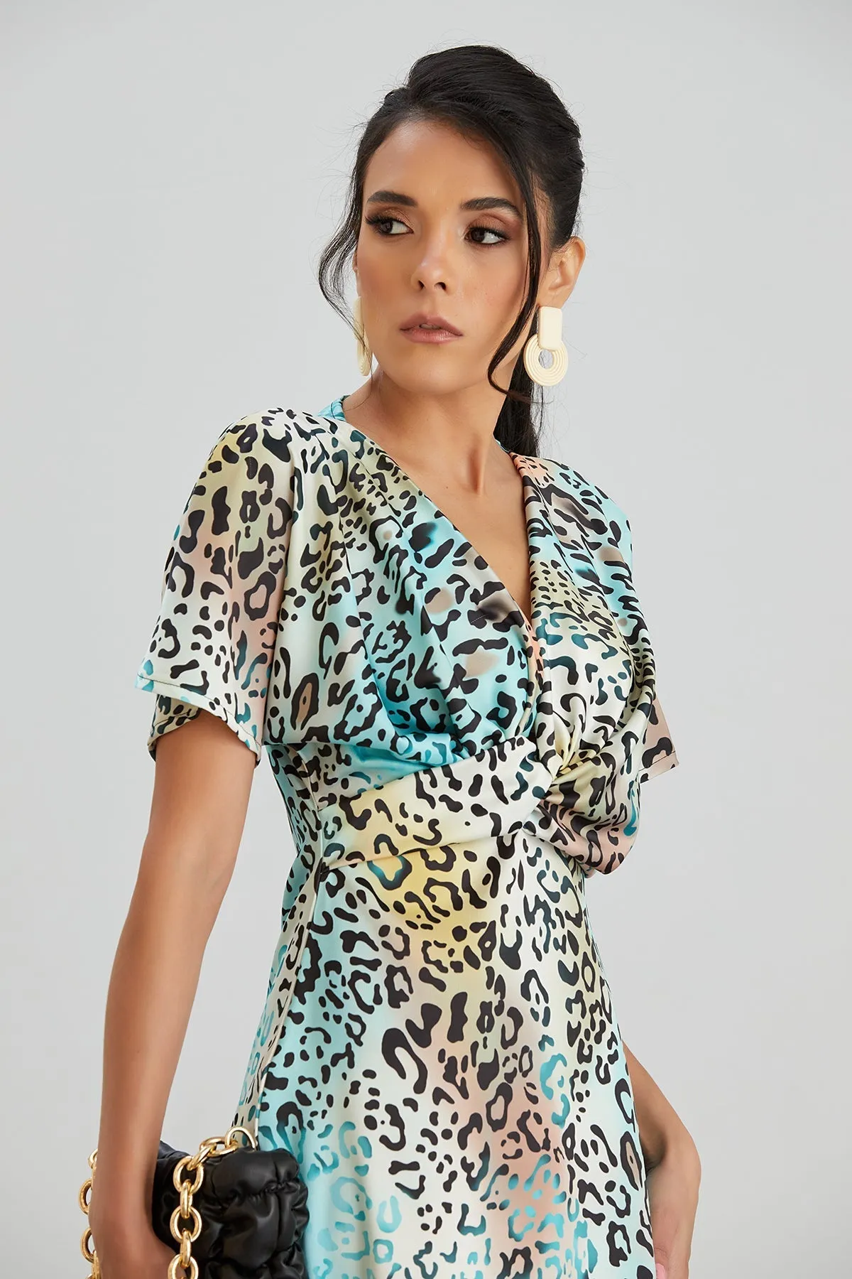Mint Leopard Midi Dress with Twist Detail