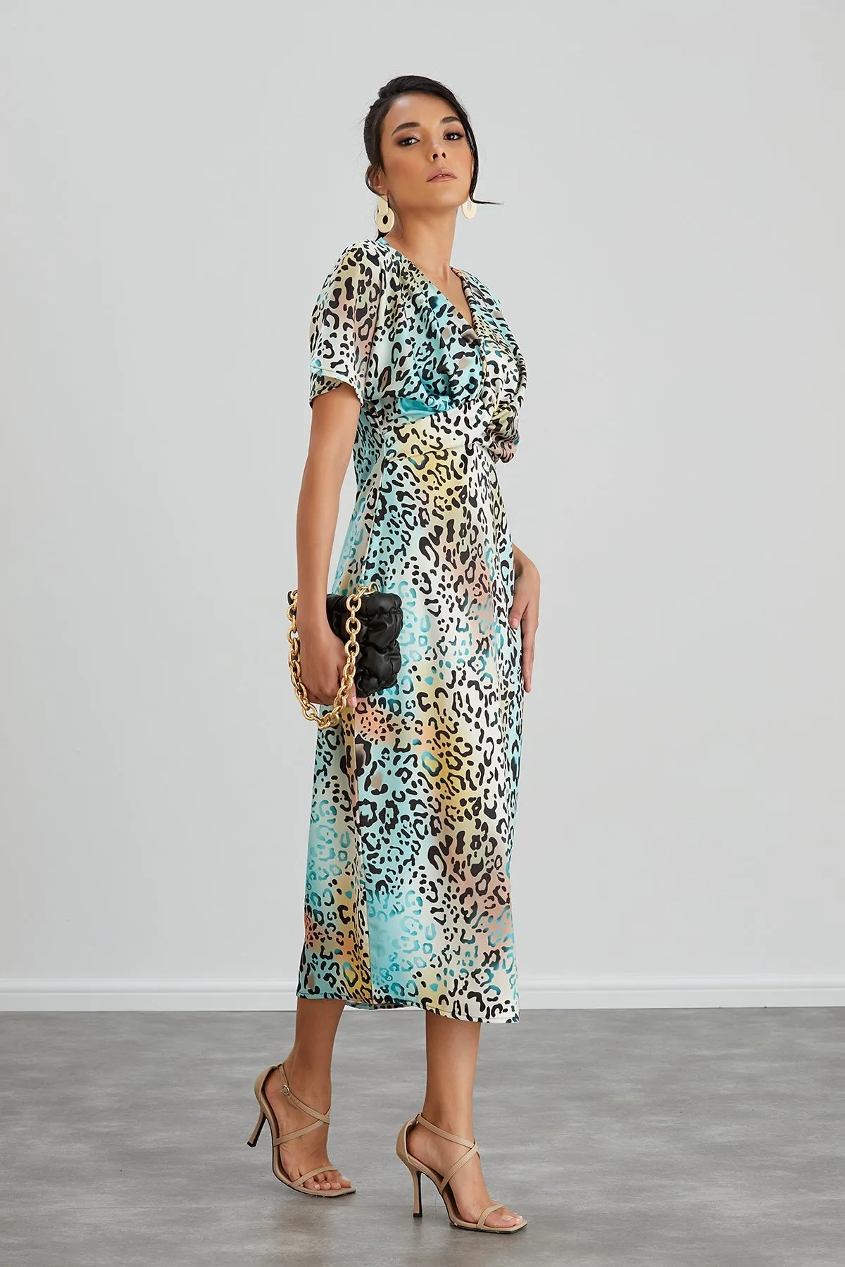 Mint Leopard Midi Dress with Twist Detail