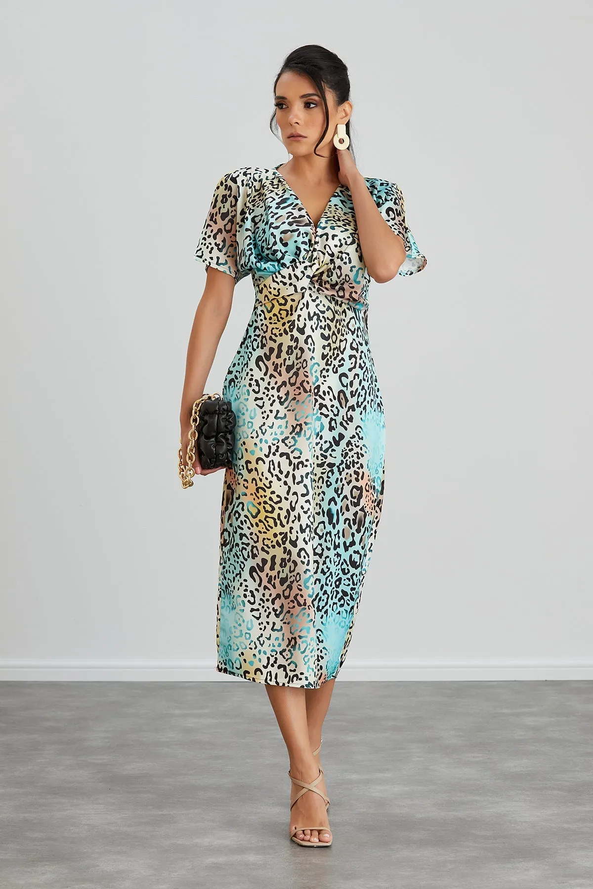 Mint Leopard Midi Dress with Twist Detail
