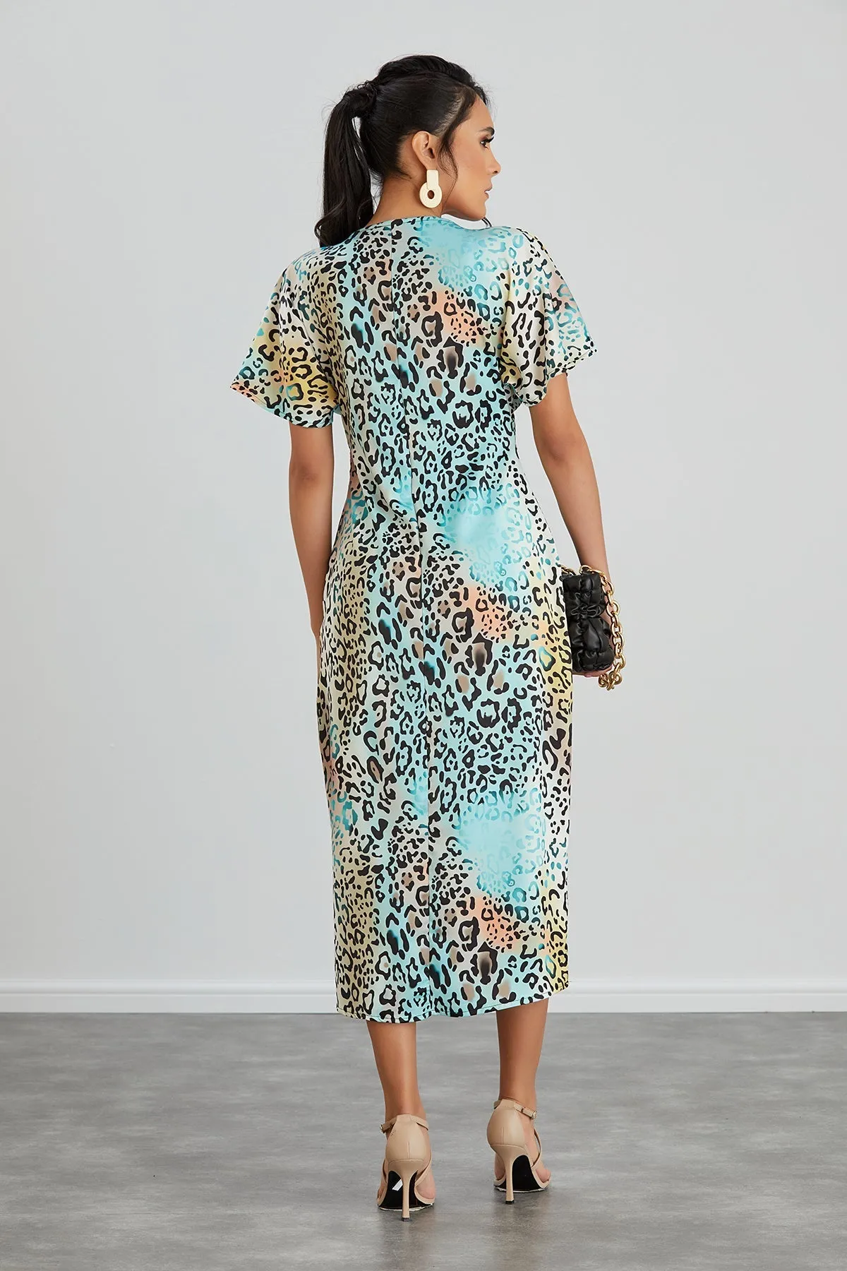 Mint Leopard Midi Dress with Twist Detail