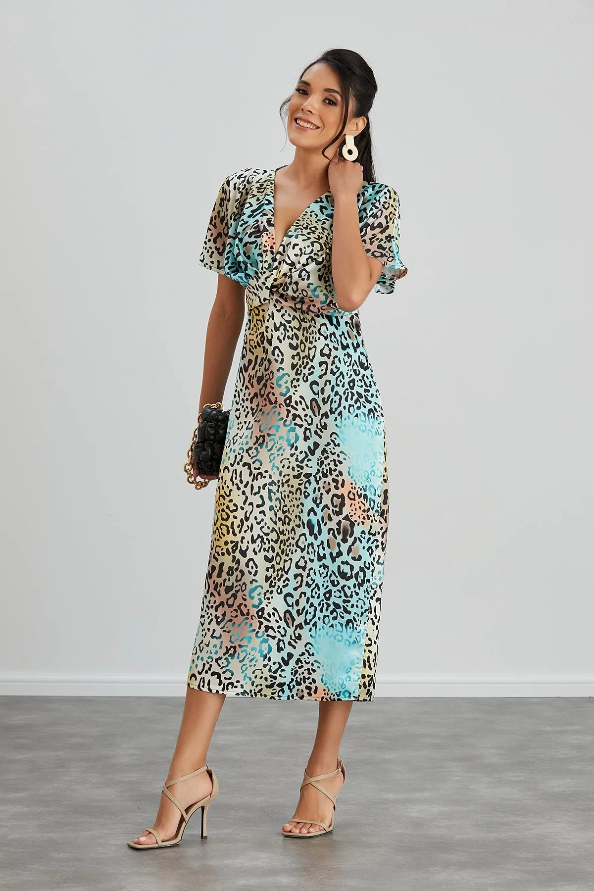 Mint Leopard Midi Dress with Twist Detail