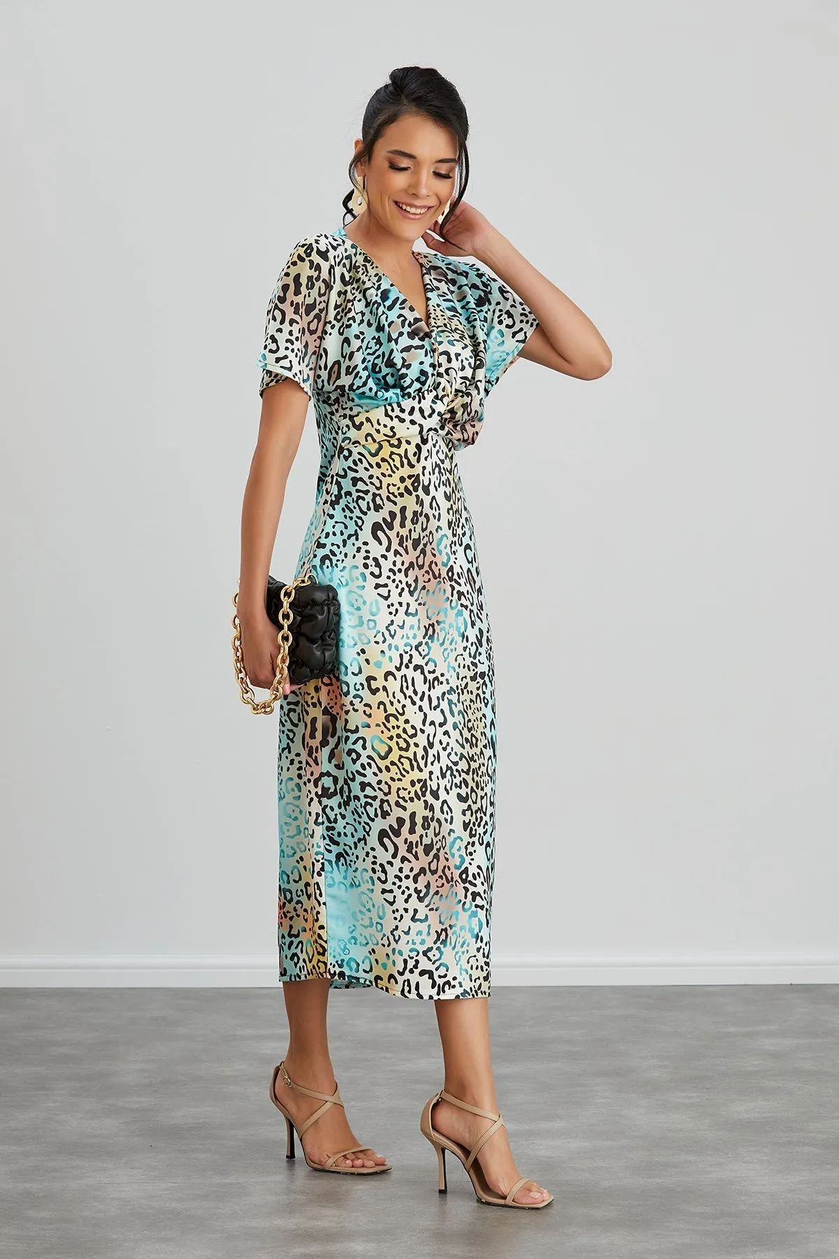 Mint Leopard Midi Dress with Twist Detail