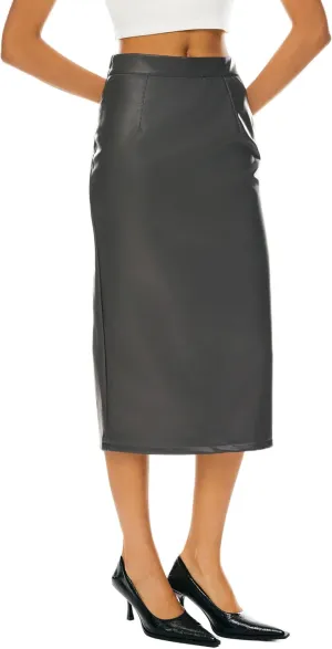 Orolay Women's High Waist Pencil Skirt Faux Leather Bodycon Split Midi Skirt for Business Casual
